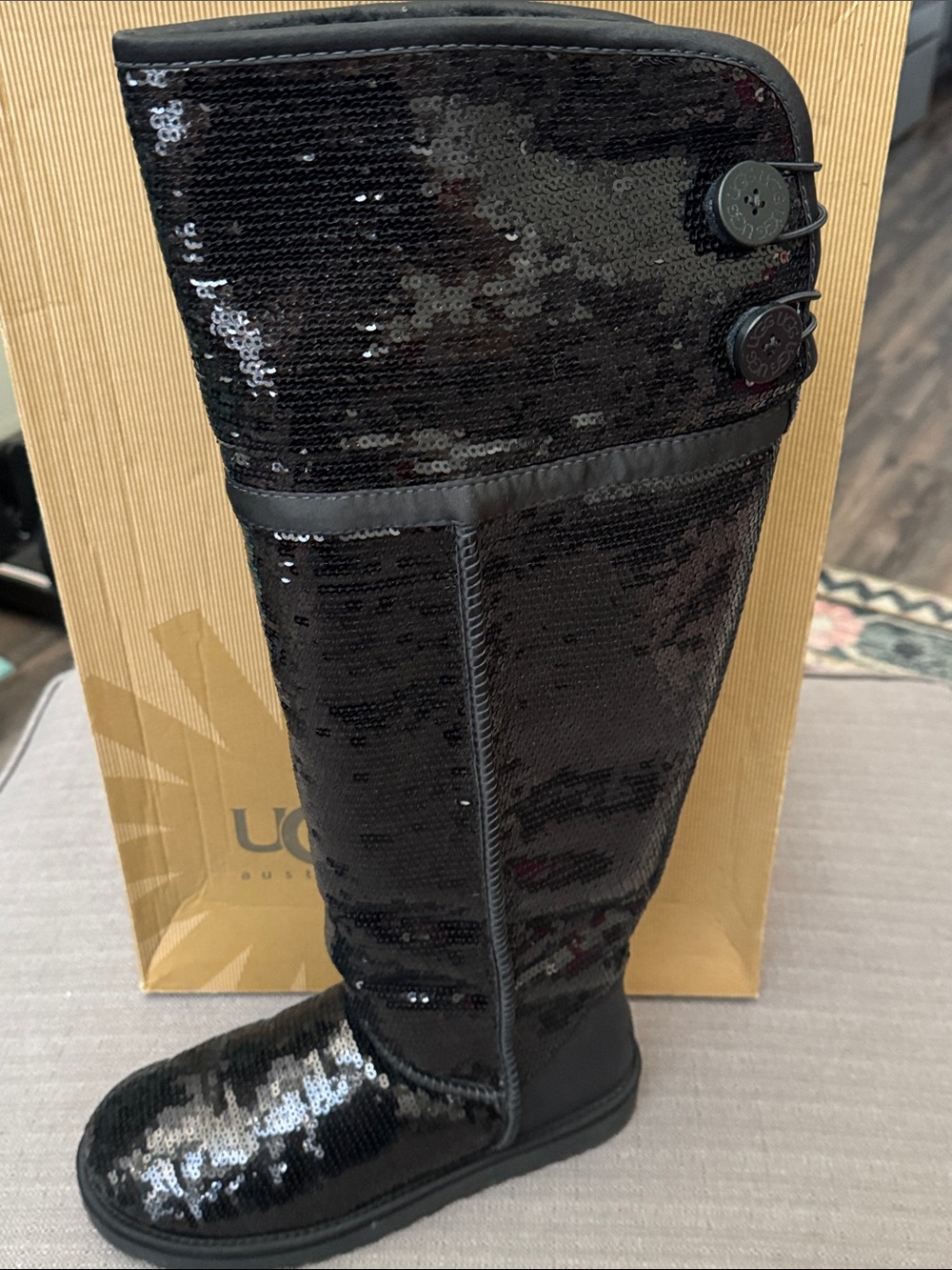 UGG Black Sequin Tall Fur-Cuff Boots - Picture 2 of 5